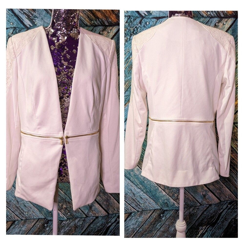 Grace Elements Size Large White Lace Shoulder Jacket Blazer Gold Zipper 90s Inso